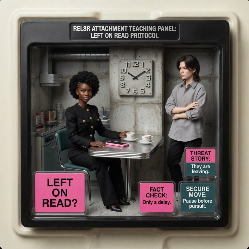 Diorama panel: left on read / delayed reply teaching scene